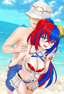 1boy 1girls absurdres alear_(female)_(seaside_dragon)_(fire_emblem) alear_(fire_emblem) alear_(fire_emblem)_(female) alternate_costume alternate_hairstyle bikini blue_bikini blue_eyes blue_hair blue_nails blue_swimsuit breasts bucket_hat cleavage commission couple criss-cross_halter crossed_bangs faceless faceless_male female female_only fingernails fire_emblem fire_emblem_engage fire_emblem_heroes flower hair_flower hair_ornament halterneck hat heterochromia highres igni_tion kiran_(fire_emblem) kiran_(fire_emblem)_(male) large_breasts long_fingernails long_hair male multicolored_bikini multicolored_clothes multicolored_hair multicolored_swimsuit nail_polish nintendo non-web_source official_alternate_costume official_alternate_hairstyle ponytail red_bikini red_eyes red_hair red_swimsuit redkite333 split-color_hair straight swimsuit two-tone_hair v white_bikini white_swimsuit yellow_flower