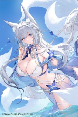 animal_ear_fluff animal_ears azur_lane bare_shoulders bikini blue_butterfly blue_eyes blue_sky blush bracelet breasts bug butterfly cg cleavage day detached_sleeves female floating_hair flower fox_ears fox_girl fox_tail grey_hair hair_flower hair_ornament hand_up jewelry kitsune large_breasts long_hair looking_at_viewer multi_tail navel official_alternate_costume outdoors parted_lips sarong see-through shinano_(azur_lane) sky solo stomach swimsuit tail thighs very_long_hair wading water wet white_bikini white_hair white_tail