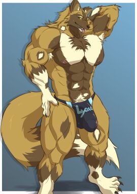 abs absurd_res african_wild_dog anthro big_bulge bodily_fluids body_hair brown_body brown_fur bulge canid canine canis chest_hair clothing detailed_bulge erection erection_under_clothing fangs fur furry_male genital_outline genitals geryorias hi_res male male_only mammal muscular muscular_anthro muscular_male nipples pecs penis penis_outline pubes solo speedo sweat swimwear tail teeth text underwear white_body white_fur yellow_eyes