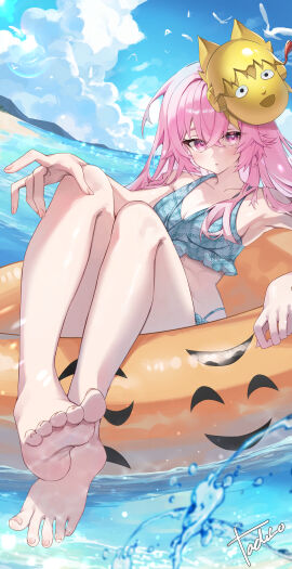 beach bikini feet female hata_no_kokoro looking_at_viewer mask pink_eyes pink_hair rubber_ring tadano1129 touhou toyosatomimi_no_miko water
