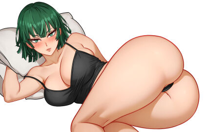 1girls alternate_version_available ass big_ass big_breasts blush bottomwear breasts camisole cetta_(cettadvd) cleavage female female_only fubuki_(one-punch_man) green-haired_female green_eyes green_hair huge_ass huge_breasts lips looking_at_viewer on_side one-punch_man pillow seductive seductive_look short_hair solo solo_female thighs topwear white_background