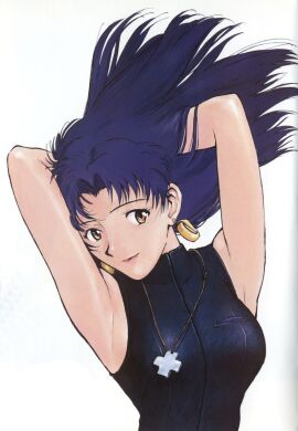 1girls bangs bare_shoulders blush breasts brown_eyes exposed_breasts female female_only fully_clothed long_hair looking_at_viewer misato_katsuragi necklace neon_genesis_evangelion nipples no_bra parted_bangs pendant purple_hair smile solo solo_female standing