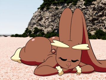 2d anthro ass beach big_ass big_butt black_eyelashes bottom_heavy bouncing_breasts breasts brown_fur bubble_ass bubble_butt closed_eyes digital_drawing digital_media duplicate eyelashes female female_only furry furry_only generation_4_pokemon hips_wider_than_shoulders huge_ass huge_butt huge_ears large_ears lopunny lying lying_on_stomach mountain nintendo outdoors pink_nose pokemon pokemon_(species) sand smile solo tail tansau thick_thighs wide_hips