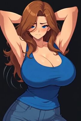 1girls 5_fingers ai_generated animated anime armpits bare_shoulders big_breasts black_background blue_eyes blush blushing_at_viewer breasts brown_hair cleavage clothed clothes clothing embarrassed eyebrows eyelashes female female_only frame_by_frame hair_over_one_eye hands hands_behind_head hips huge_breasts human human_only ilya_efimov jeans large_breasts long_hair looking_at_viewer mp4 nervous no_sound pose posing posing_for_the_viewer shy simple_background smooth_animation solo solo_female stable_diffusion swaying swaying_breasts swaying_hips tagme tanktop thick thick_thighs thighs top_heavy video wide_hips