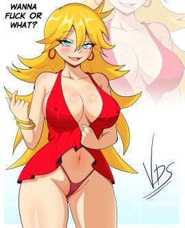 1girls :d absurd_res babydoll big_breasts blonde_hair blue_eyes blush bracelet breasts cleavage come_hither cowboy_shot earrings english_text female hair_between_eyes hi_res long_hair looking_at_viewer navel nipple_bulge open_mouth panty_&_stocking_with_garterbelt panty_anarchy profanity red_thong revealing_clothes seductive seductive_look shiny_skin signature smile solo standing text thighs thong vdrawstuff very_long_hair