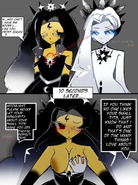 2girls blush breast_grab breasts breasts_out cookie_run cookie_run_kingdom crying female frost_queen_cookie insecure moonlight_cookie one_eye_closed small_breasts text text_bubble the_final_dream the_final_winter wholesome yuri