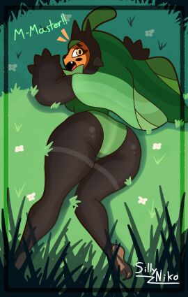 !! 1girls ass ass_focus back_view butt_focus female laying_down laying_on_stomach legendary_pokemon ogerpon orange_body orange_skin pokemon pokemon_(species) pokemon_sv sillyniko tagme yellow_eyes