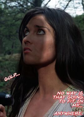 1girls 3d black_hair captain_kronos_vampire_hunter carla caroline_munro cock_shock dark_hair fear female forest_background green_eyes gulp hammer_films imminent_fellatio imminent_rape it'll_never_fit looking_up makeup male messy_hair neltumo offscreen_character offscreen_male outdoors penis penis_awe penis_shadow text wide_eyed