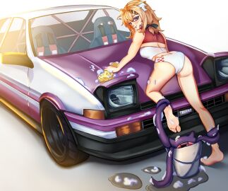1girls ae86 animal_ears ass back bangs bare_shoulders barefoot blonde_hair blush breasts camisole cat_ears cat_girl cat_tail catgirl eyebrows_visible_through_hair face_markings female from_behind full_body ground_vehicle long_hair looking_at_viewer looking_back motor_vehicle panties purple_eyes red_eyes small_breasts soles solo squchan_(vtuber) toyota_trueno underwear underwear_only virtual_youtuber vyugen white_bra white_panties