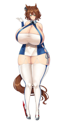 1girls aston_machan_(umamusume) azur_lane bare_shoulders blush breasts brown_hair cleavage daien_(daien418) dress female female_only gloves green_eyes high_heels horse_ears horse_girl horse_tail huge_breasts looking_at_viewer massive_breasts side_ponytail smile solo st._louis_(azur_lane) thick_thighs umamusume umamusume_pretty_derby white_gloves wide_hips