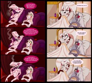 1_eye absurd_res after_sex angel angel_dust_(hazbin_hotel) anthro arachnid arthropod bed blonde_hair charlie_morningstar_(hazbin_hotel) cheating_girlfriend cigarette demon demon_humanoid duo english_text eye_patch eyewear fangs female female/female femboy fur furniture grey_body hair hazbin_hotel hc4art heterochromia hi_res humanoid humanoid_on_anthro infidelity interspecies male male/female molly_(hazbin_hotel) multicolored_body multicolored_fur mutual_cheating nude on_bed open_mouth open_smile pink_body pink_eyes pink_fur red_eyes smile smoke smoking spider teeth text two-tone_body two-tone_fur vaggie_(hazbin_hotel) white_body white_fur white_hair