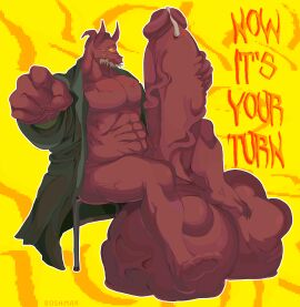 4_horns 5_fingers 8ushman absurd_res anthro balls bara big_balls big_penis bodily_fluids bottomless claws clothed clothing coat coat_only cock_vore cum cum_drip dripping erection feet fingers genital_fluids genitals gesture hand_gesture hi_res horn huge_balls hyper hyper_balls hyper_genitalia male monster mostly_nude multi_eye multi_horn muscular muscular_male nude pecs penile penis pointing pointing_at_viewer sharp_teeth simple_background solo solo_focus teeth toes topwear topwear_only vein veiny_balls veiny_penis vore yaoi