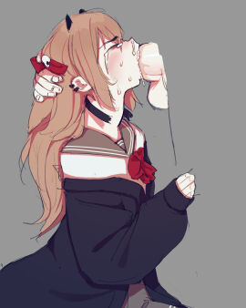 1boy 1girls brown_hair chocker choker_snapping cum cum_in_mouth deepthroat disembodied_penis evil_neuro female hair_ornament horns indie_virtual_youtuber indie_vtuber light-skinned_female light_skin male oral oral_sex otjareniy penis penis_in_mouth pierced_ear red_eyes skull_hair_ornament tears twitch vedal_ai virtual_youtuber vtuber