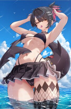 1girls alternate_costume armpits arms_up bicio bikini black_bikini black_hair blue_sky breasts candy cloud cloudy_sky commentary day ellen_joe english_commentary female fins fish_tail food food_in_mouth gluteal_fold high_ponytail highleg highleg_bikini highres large_breasts lollipop looking_at_viewer miniskirt mole mole_under_eye navel pleated_skirt ponytail red_eyes red_hair shark_girl shark_tail sharp_teeth short_hair short_ponytail skirt sky solo swimsuit tail teeth tongue tongue_out wading watermark web_address wet zenless_zone_zero