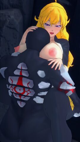 1boy 1girls blonde_female blonde_hair breasts face_between_breasts female grimm_(rwby) half-dressed half_naked long-haired_female long_hair male monster monster_boy morepolygons11 nude nude_male purple_eyes rwby yang_xiao_long