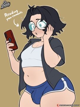 1boy artist_self-insert ass black_hair blue_shorts bready_(srbready) crop_top dolphin_shorts english_text femboy glasses grin huge_ass light-skinned_male light_skin looking_at_viewer male midriff multiple_views navel original plump short_hair short_shorts shorts socks srbready text thick_thighs thighs wide_hips