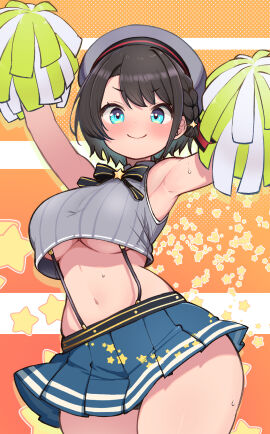 1girls >:) adapted_costume armpits arms_up beret black_bow black_bowtie black_hair blue_eyes blue_skirt blush bow bowtie braid breasts brooch cheerleader closed_mouth commentary_request cowboy_shot crop_top crop_top_overhang cropped_shirt female french_braid grey_hat grey_shirt hat highres holding holding_pom_poms hololive hololive_gen_2 hololive_japan jewelry kani_bonara large_breasts looking_at_viewer microskirt navel oozora_subaru oozora_subaru_(work) orange_background pleated_skirt pom_pom_(cheerleading) sailor_hat shirt short_hair side_braid skirt smile solo star_(symbol) star_brooch star_print starry_background stomach suspenders sweat swept_bangs underboob upshirt v-shaped_eyebrows very_sweaty virtual_youtuber