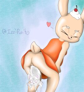 absurd_res anthro blep cherry closed_eyes clothed clothing crouching dairy_products dress duo felid feline female female/female food food_on_face fruit goo_creature hi_res izzipurrito keki_(kekitopu) lagomorph leporid looking_pleasured lotion_cat_(kekitopu) mammal multicolored_body orange_clothing orange_dress paws pink_eyes plant pussy rabbit spread_legs spreading tan_body tongue tongue_out unbirthing upskirt vaginal_penetration vore whipped_cream white_body