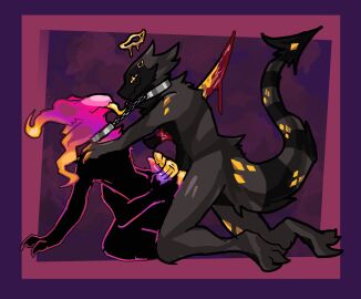 4_arms anthro black_body black_fur bodily_fluids brown_body brown_fur chains collar dm_noid duo flaming_head fools_gold frottage fur genitals gold_(metal) gold_markings gold_weapon gradient_penis halo hand_on_shoulder hi_res kaydelas male male/male markings multi_arm multi_limb orange_penis orange_tongue penetrable_sex_toy penile penis purple_penis sex sex_toy sharing_penetrable_sex_toy sharing_sex_toy sword_in_body tapering_penis tongue tongue_out unknown_species weapon yellow_eyes yellow_penis