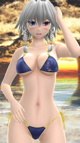 1girls 2023 3d armpit beach belly_button bikini blue_bikini blush breasts cleavage clouds embodiment_of_scarlet_devil female grey-haired_female hati_yukkuri_mmd heterochromia human mmd one_arm_up open_mouth outdoors sakuya_izayoi short-haired_female sky solo_female solo_focus sunset swimsuit touhou waist water yellow_bowtie