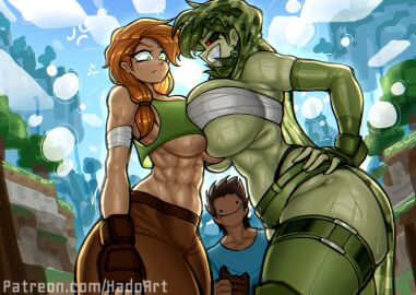 1boy 2020s 2024 2d 2d_(artwork) 2girls :) :d abs alex_(minecraft) angry annoyed bandage bandages big_breasts booty_shorts breast_envy breast_frottage breast_size_comparison breast_size_difference breasts breasts_bigger_than_head breasts_pressed_against_partner brown_pants clothed clothed_female clothing creeper creeper_(minecraft) crop_top earrings female female_focus ginger ginger_hair green_body green_eyes green_hair green_skin hi_res highres hips huge_breasts large_breasts large_thighs light-skinned_female light_skin male microsoft midriff minecraft muscular muscular_female navel orange_hair pants size_difference skindentation smug steve_(minecraft) sweat sweatdrop sweaty_breasts teeth thick_thighs thighs toned toned_female toned_stomach underboob wide_hips zzzhodazzz