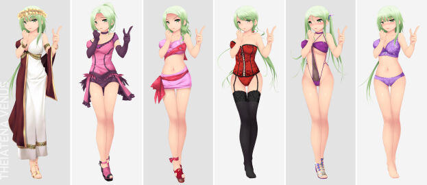 1girls artist_request bare_arms bare_legs bare_shoulders bare_thighs barefoot big_breasts blushing_at_viewer bra breasts bustier cleavage curvy expressions feet female female_only green_eyes green_hair hi_res high_heels hunie_(series) huniepop looking_confused looking_embarrassed multiple_outfits one-piece_swimsuit panties purple_bra purple_lingerie purple_panties purple_swimsuit red_lipstick sandals skimpy_bikini skimpy_clothes skimpy_swimsuit smiling_at_viewer solo stockings theiatena_venus