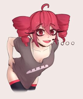 1girls 2d 2d_(artwork) ahoge artist_upload bending_forward blush breasts cleavage clothing cynder_koi eyelashes female female_only headgear kasane_teto kasane_teto_(sv) looking_at_viewer open_mouth oversized_clothes oversized_shirt red_eyes red_hair self_upload simple_background skindentation small_breasts solo solo_female sweat sweating synthesizer_v tagme thick_thighs thigh_squish thighs twin_drills utau white_background