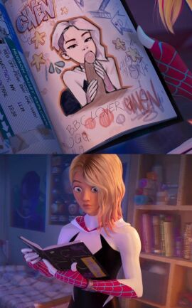 1boy 1girls accurate_art_style big_penis blonde_hair book canon_couple couple dark-skinned_male dark_skin fellatio female gwen_art_check gwen_stacy large_penis licking_penis light-skinned_female light_skin lips loodncrood male marvel marvel_comics meme miles_morales penis romantic_couple shocked shocked_expression sketch spider-gwen spider-man spider-man_(series) superhero superhero_costume superheroine surprised