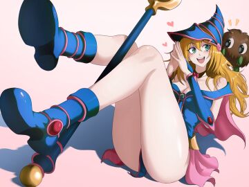1girls big_breasts blonde_hair blush boots breasts brown_hair choker dark_magician_girl female green_eyes heart_symbol kuriboh long_hair long_legs opalisart skirt smiling thick_thighs witch witch_costume witch_hat yu-gi-oh!