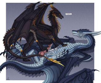 2024 after_orgasm anus artist_name barely_visible_anus black_anus black_body black_pussy black_scales black_text blue_body blue_scales bodily_fluids claws cum cum_on_body cum_on_penis dialogue dragon duo english_text erection european_mythology feathered_diva feet female feral feral_on_feral foot_fetish foot_play footjob genital_fluids genitals hi_res horn knot lying male male/female membrane_(anatomy) membranous_wings mythological_creature mythological_scalie mythology on_back penis pink_penis pussy quadruped scales scalie sex speech_bubble text toe_claws western_dragon wings yellow_claws