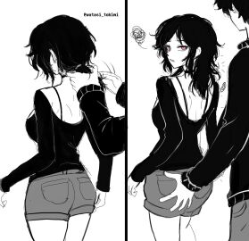 1boy 1girls adjusting_hair andrew_graves annoyed ashley_graves ass ass_grab behind_view bra_strap brother_and_sister canon_couple cleavage_cutout clothing comic couple couple_(romantic) dressing_up female getting_dressed groping_ass hair_tie high_resolution highres incest legs_together long_sleeves male open_mouth pink_eyes short_shorts siblings simple_background the_coffin_of_andy_and_leyley watasi_tokimi