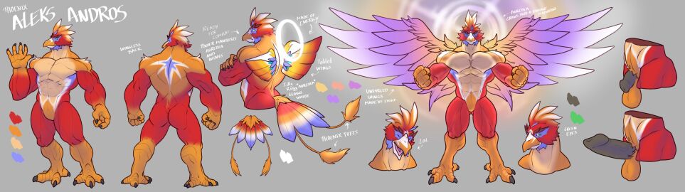 anthro avian beak bird character_sheet claws cock dick erection feathers flaccid fur furry halo male male_only muscles muscular muscular_male penis phoenix solo solo_focus solo_male tail trencalos wingless_avian wings