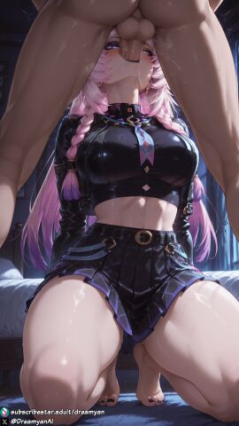 1girls ai_generated barefoot big_breasts blowjob blue_eyes breasts citlali_(genshin_impact) clothed clothed_female clothed_female_nude_male curvy curvy_body curvy_female deepthroat dreamyan_ai fellatio from_below genshin_impact goth goth_girl hi_res high_quality high_resolution highres kneeling long_hair makeup oral oral_sex pink_hair sucking sucking_penis thick_ass thick_thighs thighs uncensored
