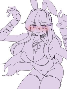 1girls blush blush_lines blushing breasts bunny_ears bunnysuit cleavage doki_doki_literature_club female kentylevel purple_eyes purple_monochrome scars scars_on_arm self_harm_scars yuri_(doki_doki_literature_club)