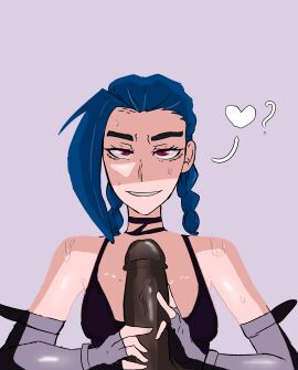 2d arcane arcane_jinx azazelinp black_gloves black_penis blue_hair crazy_eyes dark-skinned_male dark_skin female flirty interracial jinx_(league_of_legends) league_of_legends long_hair male penis pink_eyes sultry_eyes sultry_gaze tagme teasing twintails yandere