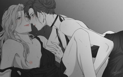 2girls blush breasts choker cleavage clothes_pull commentary dress dress_pull earrings english_commentary eye_contact female fingering gradient_background greyscale hair_bun hand_on_another's_arm jewelry long_hair looking_at_another monochrome multiple_females multiple_girls neiigal nipples original parted_lips pussy pussy_juice signature small_breasts smile straight_to_the_point sweat yuri