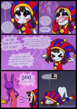 2024 4_fingers 5_panel_comic absurd_res ambiguous_penetration anthro ari_dibujitos arm_grab artist_name ass ass_up balls bite biting_lip black_eyeshadow blue_clothing blue_eyes blush blush_lines blush_stickers brown_hair caine_censorship cel_shading censor_bar censored_speech clenched_teeth clothing comic cross-popping_vein daydream duo english_text eyeshadow female fingers flashback fool's_hat footwear from_behind_position frown fur genitals glitch_productions gloves grey_background hair handwear hat hat_over_eyes head_on_ground headgear headwear hi_res holding_head human human_focus interrupted_speech jax_(the_amazing_digital_circus) jester jester_outfit kneeling lagomorph leporid long_ears makeup male mammal mostly_nude multicolored_clothing multicolored_eyes noseless offscreen_sex open_mouth overalls pattern_clothing penetration penis pink_clothing pink_overalls pomni_(the_amazing_digital_circus) pupils purple_background purple_body purple_fur rabbit red_clothing red_eyes scowl sex shaded shoes short_hair simple_background skinny speech_bubble striped_clothing stripes talking_to_another talking_to_self tall teeth text the_amazing_digital_circus time_skip unusual_anatomy unusual_eyes unusual_pupils white_body white_skin whore_eyes yelling yellow_clothing yellow_gloves yellow_handwear yellow_sclera