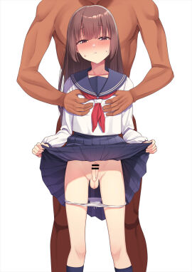 2boys balls bar_censor black_socks blush brown_eyes brown_hair censored clothed_male_nude_male clothes_lift commentary_request cowboy_shot crossdressing cute_male dark-skinned_male dark_skin erection femboy feminine_male flashing girly grabbing grabbing_from_behind groping groping_from_behind hands_on_another's_chest highres hokuro_ryuuseigun interracial kneehighs lifted_by_self light-skinned_femboy light-skinned_male light_skin long_hair long_sleeves looking_at_viewer male male/male male_focus male_only multiple_boys multiple_males neckerchief nude original otoko_no_ko paid_reward_available panties panty_pull penis precum red_neckerchief school_uniform serafuku simple_background skirt skirt_lift small_penis socks solo_focus sweatdrop testicles trap underwear white_background white_panties white_serafuku yaoi