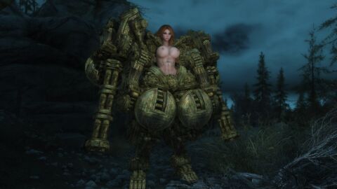 3d breasts breasts_out dwemer exposed_breasts female mecha mechanical_arm red_hair skyrim tattoo the_elder_scrolls