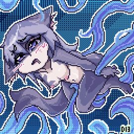 anthro ass azra_(vex714) black_nose blue_eyes blush bodily_fluids breasts canid canine d13_(artist) female fluffy fluffy_tail fur grey_body grey_fur grey_hair hair hi_res inner_ear_fluff mammal navel nude saliva scar suspended_via_tentacles tail tentacle tuft