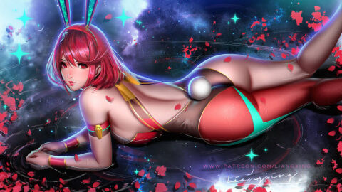 1girls ass big_breasts black_leotard breasts bunny_ears bunny_tail fake_animal_ears fake_tail female in_water large_breasts leotard liang_xing looking_at_viewer nintendo pantyhose petals playboy_bunny pyra red_eyes red_hair short_hair water xenoblade_(series) xenoblade_chronicles_2