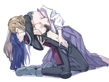 2girls big_breasts biker_clothes bikesuit black_bodysuit black_bra blue_hair bodysuit bra bra_pull breasts breasts_out brown_hair closed_eyes clothes_pull commentary female fingering fujino_shizuru gloves grey_gloves hand_on_another's_back highres kissing kneeling kuga_natsuki large_breasts long_hair medium_breasts multiple_females multiple_girls my-hime nichiju_(you) nipples open_bodysuit open_clothes purple_bra purple_skirt shirt skirt underwear white_shirt yuri