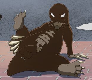 4_toes anthro anus balls brick_floor brown_body cjk_character eulipotyphlan feet fizzpop flaccid genitals ground_dragon hi_res looking_at_viewer male male_focus male_only mammal mole_(animal) nude on_ground one-punch_man penis presenting signature sitting solo solo_focus solo_male spread_legs spreading tail text text_on_body toes whiskers
