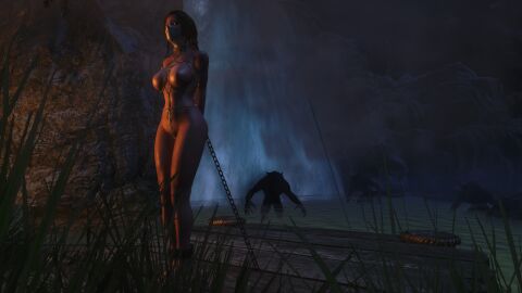 1girls 3d arms_behind_back bondage bound_wrists cloth_gag female gag gagged image imminent_rape m7seven mod sacrifice skyrim werewolf