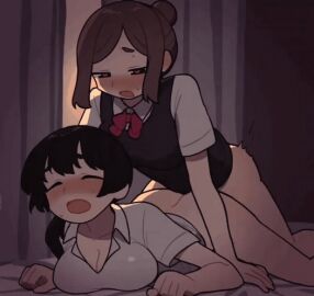 1futa 1girls aroused bed bedroom bineya bottomless closed_eyes futanari heart-shaped_pupils low_quality_duplicate low_res third_person_view topwear