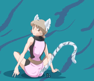 009-1 1girls ass blonde_hair brown_eyes cat_ears cat_tail clothing female female_only hands_behind_back looking_back low_resolution mylene_hoffman sfw shirukuma short_hair sitting spread_legs