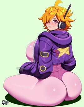 1girls ass ass_focus back back_view big_ass big_breasts big_butt blonde-haired_female blonde_hair blush breasts breasts_bigger_than_head brown_hair clothed clothing color female female_focus female_only headphones hi_res huge_ass jacket jadenkaiba large_breasts light-skinned_female light_skin looking_at_viewer one_piece one_piece:_egghead_arc pink_eyes short_hair shounen_jump sitting solo solo_female suit tagme thick_thighs vegapunk_lilith