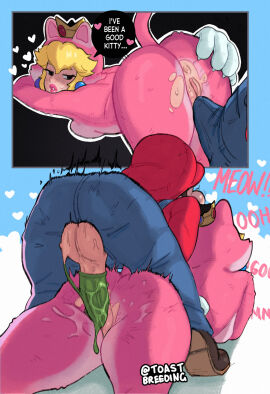 1boy 1girls animal_hands anus ass backsack balls ballsack big_breasts blonde_hair blush bottomless breasts cat_girl cat_peach cat_suit catgirl clothed_sex condom female looking_at_viewer looking_back male mario mario_(series) partially_clothed presenting princess_peach pussy safe_sex sex smile super_mario_3d_world super_mario_bros. sweat text thick_thighs toastbreeding torn_clothes vaginal_penetration