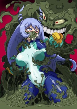 1boy 1girls artist_request asphyxiation big_breasts blue_eyes blue_hair bodysuit boku_no_hero_academia breasts damsel_in_distress disgusted_female female grossed_out heroine heroine_in_trouble large_breasts male my_hero_academia nejire_hado nejire_hado_(hero_outfit) slime slime_gag sludge_villain thick_thighs thighs trying_to_resist very_long_hair