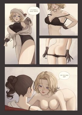 2girls absurd_res before_sex black_bra black_gloves black_panties blonde_hair blush bra breasts brown_hair closed_mouth clothed_female_nude_female comic english_text evelyn_mora female gloves highres holding identity_v large_breasts lesbian looking_at_another male martha_behamfil multiple_females multiple_girls nipples nude oofxyphxia panties panty_pull ponytail red_lips removing_bra smile speech_bubble text underwear undressing yuri